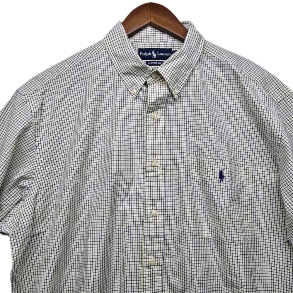 Polo Ralph Lauren Men XL Yellow Blue Check Short Sleeve Button Shirt Classic Fit